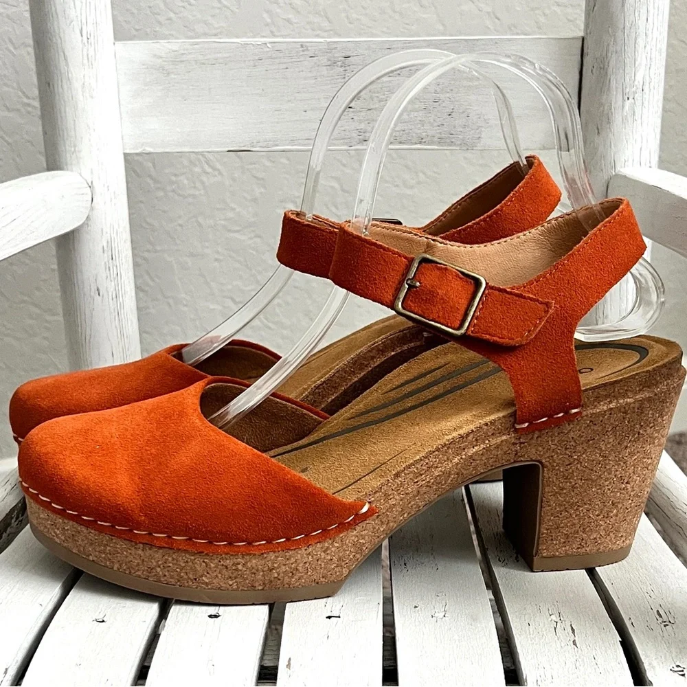 Aetrex Finley Rusty Burnt Orange Suede Leather Ankle-Strap Clog Heels 9 - Picture 5 of 14